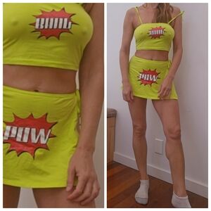 Nwot Dolls Kill Neon Festival Green Bang! Pow! Slit Festival Skirt Set Xs